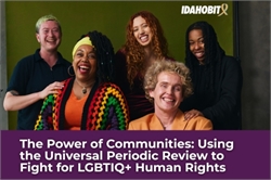 [ai] A diverse group of five individuals smiling and posing together against a green background. The image includes a text overlay about fighting for LGBTIQ+ human rights.